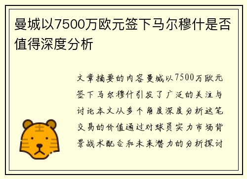 曼城以7500万欧元签下马尔穆什是否值得深度分析 曼城以7500万欧元签下马尔穆什是否值得深度分析
