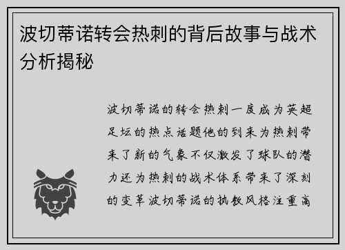 波切蒂诺转会热刺的背后故事与战术分析揭秘 波切蒂诺转会热刺的背后故事与战术分析揭秘