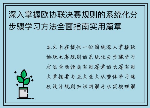 深入掌握欧协联决赛规则的系统化分步骤学习方法全面指南实用篇章 深入掌握欧协联决赛规则的系统化分步骤学习方法全面指南实用篇章