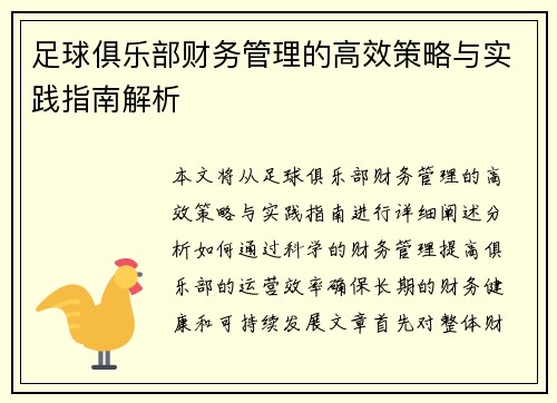 足球俱乐部财务管理的高效策略与实践指南解析