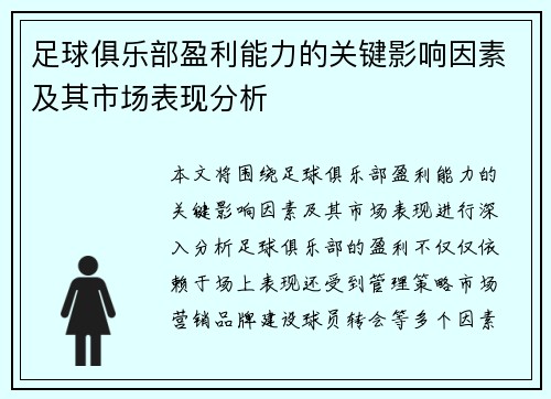 足球俱乐部盈利能力的关键影响因素及其市场表现分析